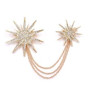 Gold Crystal Starburst Chain Brooch Pin